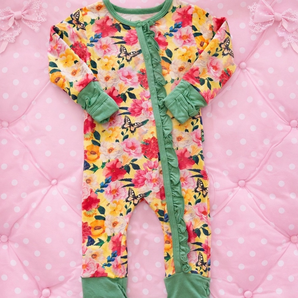 Laree CO BAMBOO 95% Floral Kids One Piece with Green Accents RUFFLES
